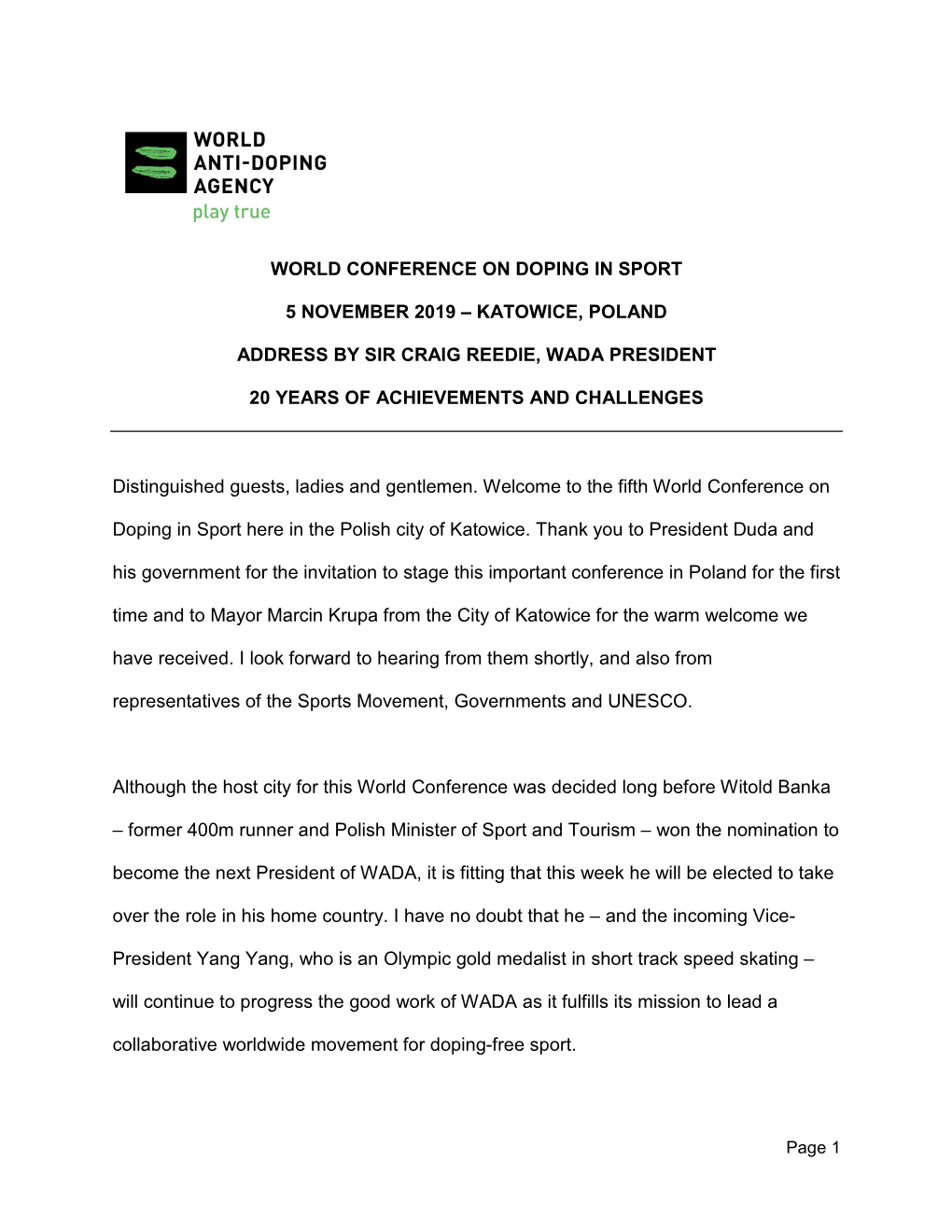 World Conference on Doping in Sport 5 November