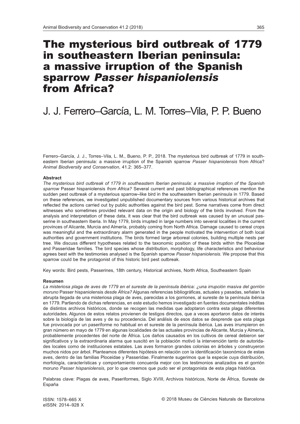 The Mysterious Bird Outbreak of 1779 in Southeastern Iberian Peninsula: a Massive Irruption of the Spanish Sparrow Passer Hispaniolensis from Africa?