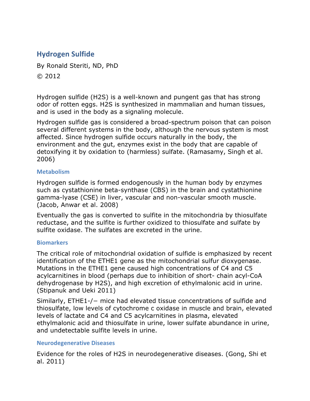 Hydrogen Sulfide by Ronald Steriti, ND, Phd © 2012