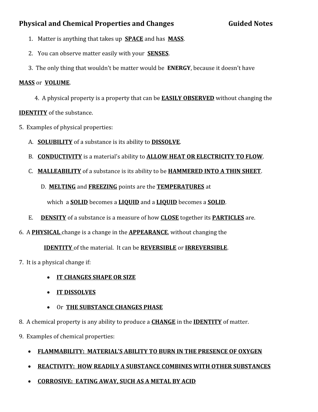 Physical and Chemical Properties and Changes Guided Notes