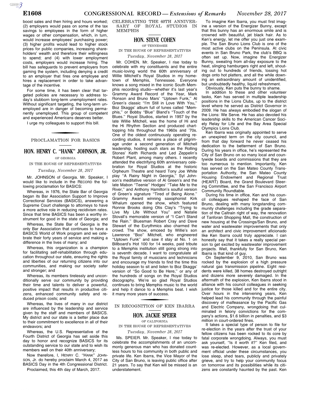 CONGRESSIONAL RECORD— Extensions of Remarks E1608 HON. HENRY C. ''HANK'' JOHNSON, JR. HON. STEVE COHEN HON. JACKIE