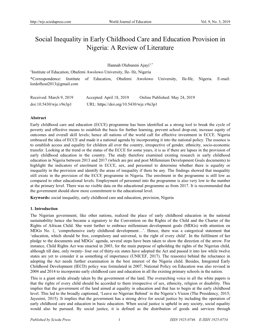 Social Inequality in Early Childhood Care and Education Provision in Nigeria: a Review of Literature