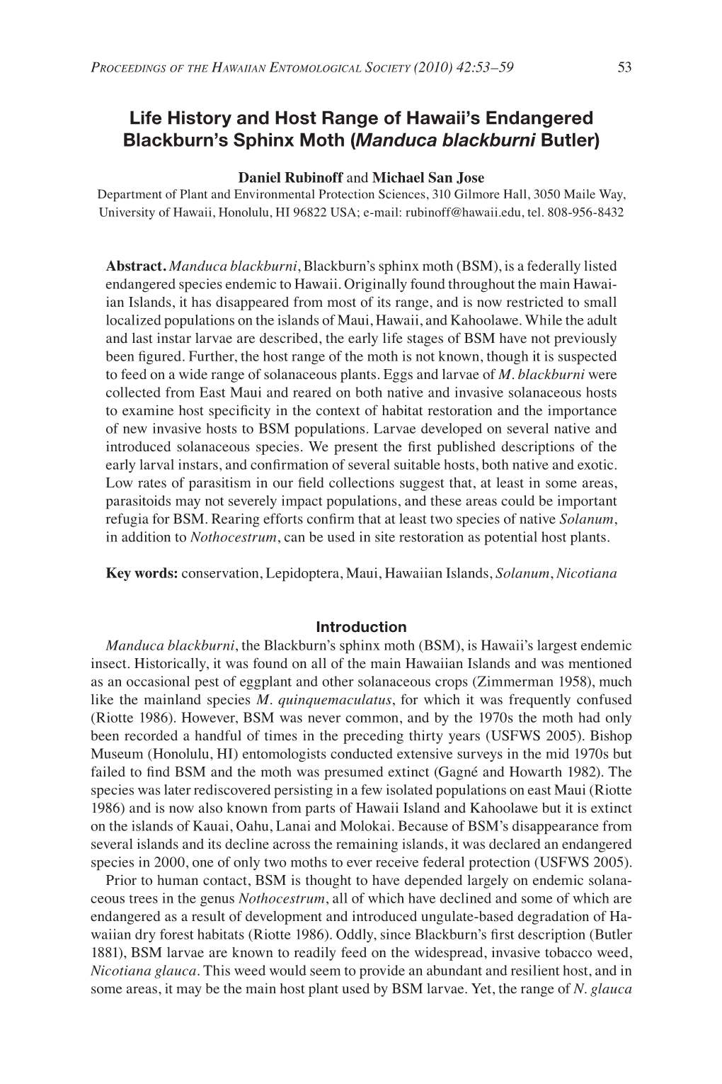 Life History and Host Range of Hawaii's