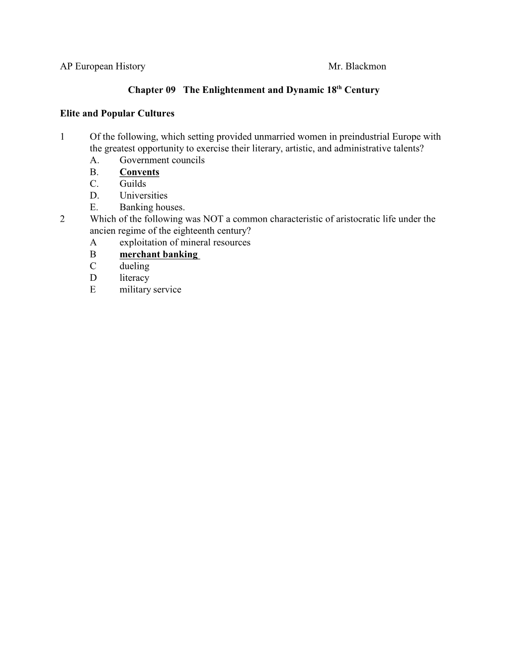 AP European History Mr. Blackmon Chapter 09 the Enlightenment and Dynamic 18 Century Elite and Popular Cultures 1 of the Follo