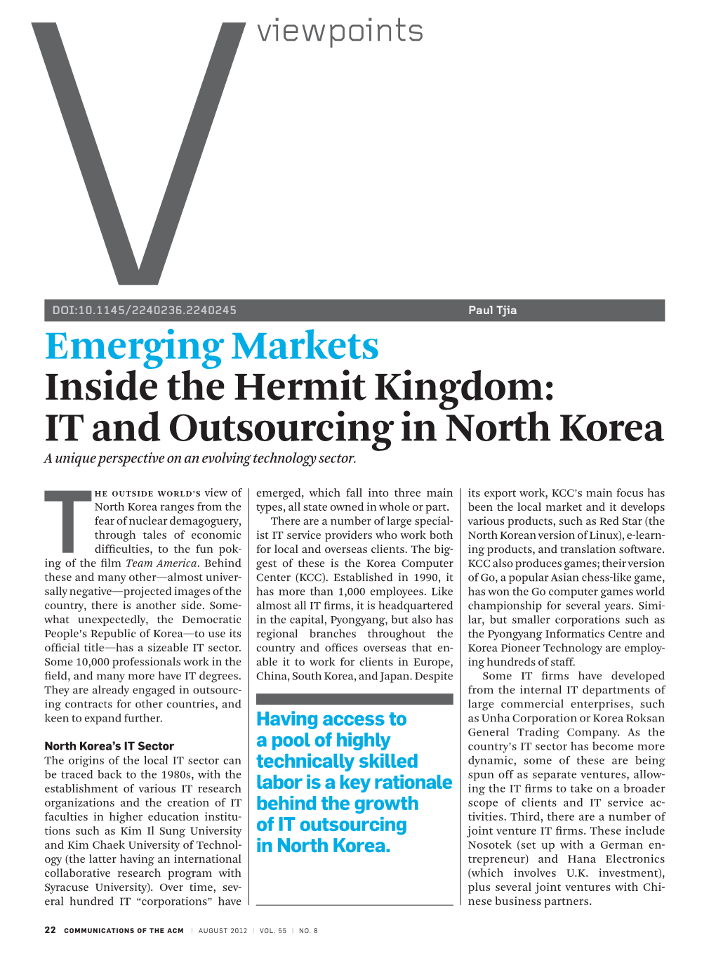 IT and Outsourcing in North Korea a Unique Perspective on an Evolving Technology Sector