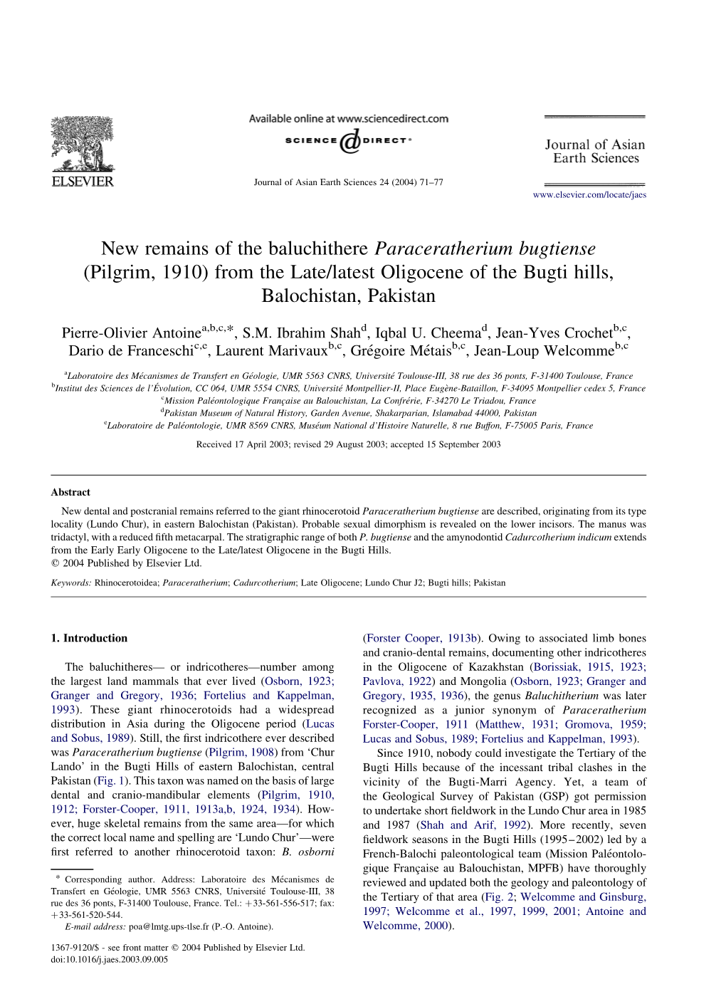 New Remains of the Baluchithere Paraceratherium Bugtiense (Pilgrim, 1910) from the Late/Latest Oligocene of the Bugti Hills, Balochistan, Pakistan