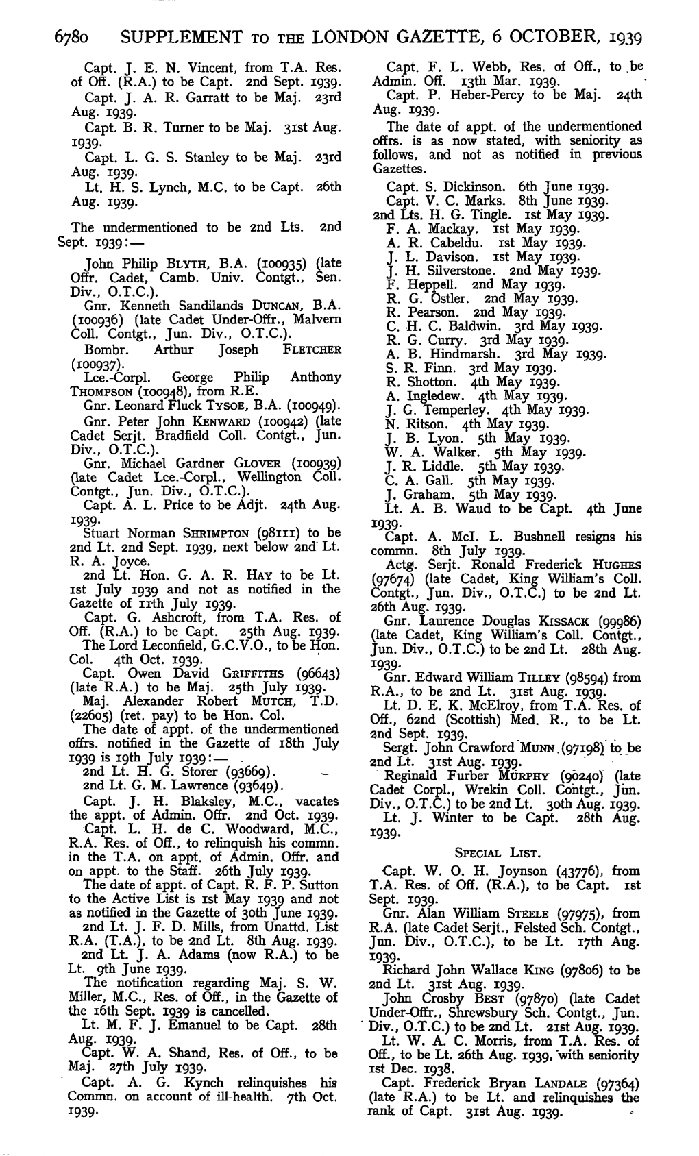 6780 SUPPLEMENT to the LONDON GAZETTE, 6 OCTOBER, 1939 Capt