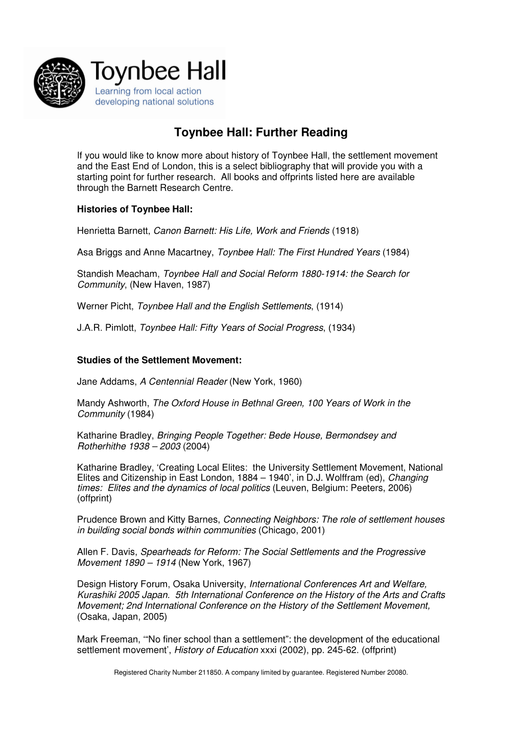 Toynbee Hall: Further Reading