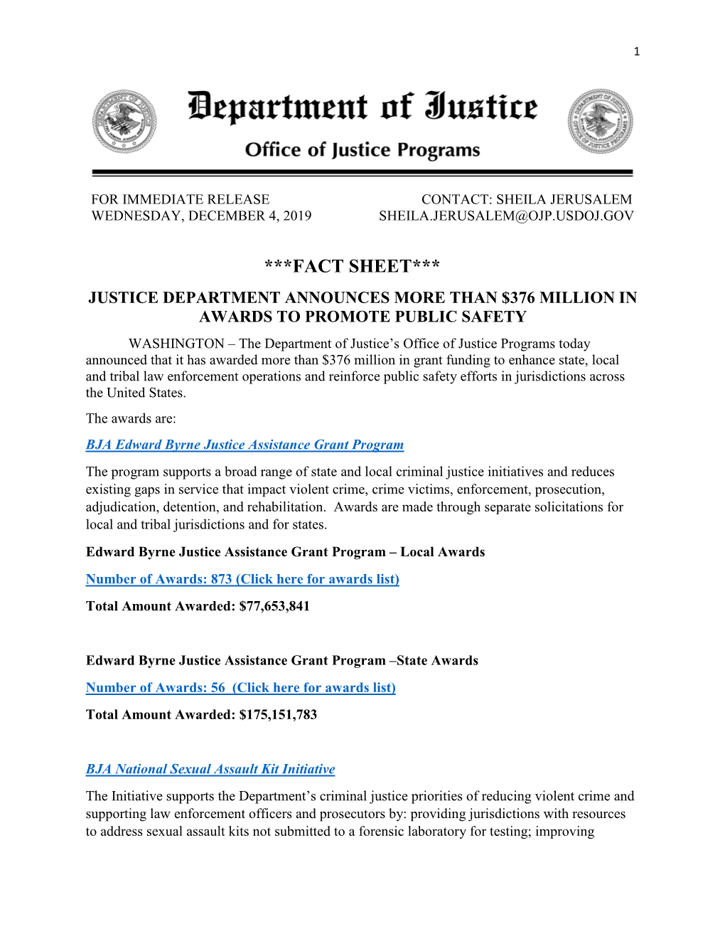 DOJ OJP Fact Sheet to Announce Awards to Promote Public Safety