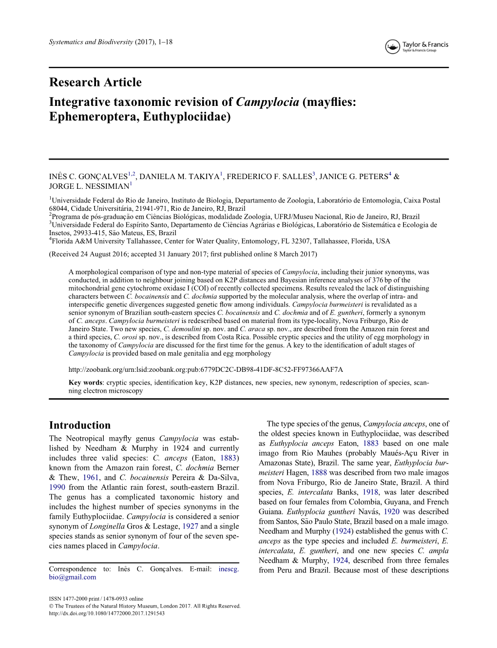 Integrative Taxonomic Revision of Campylocia (Mayﬂies: Ephemeroptera, Euthyplociidae)