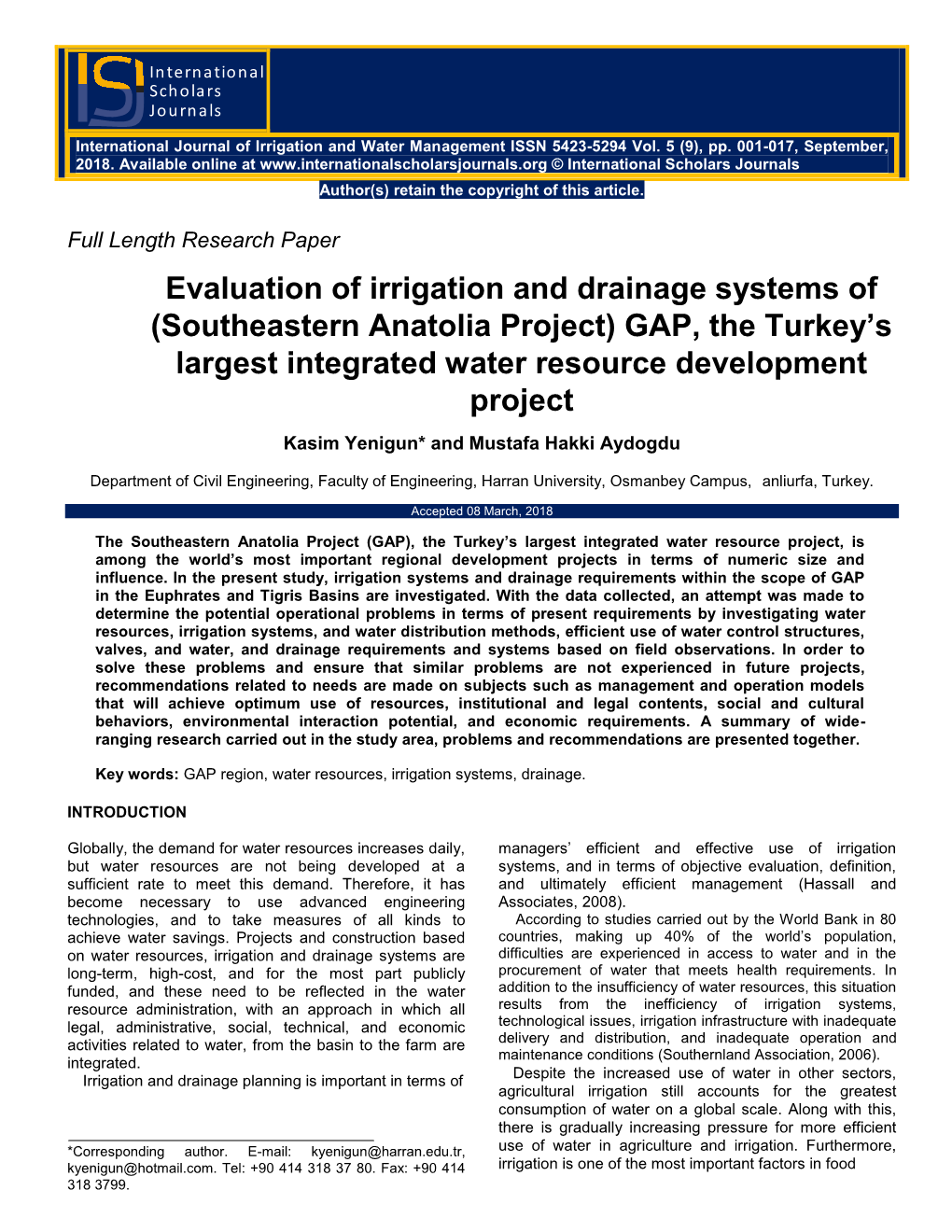 Southeastern Anatolia Project) GAP, the Turkey’S Largest Integrated Water Resource Development Project