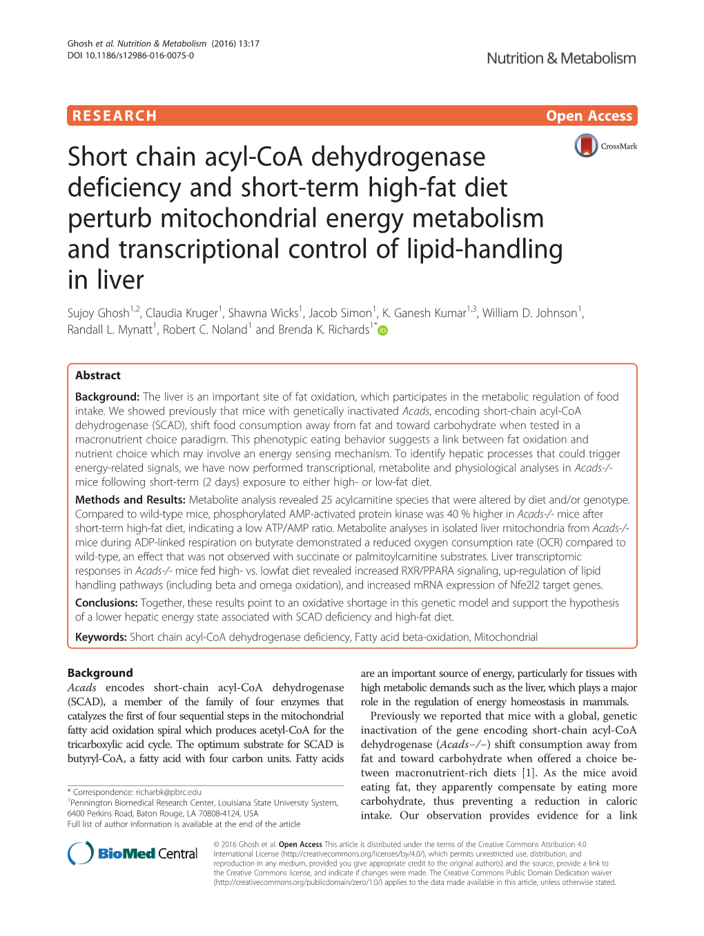 Short Chain Acyl-Coa Dehydrogenase Deficiency and Short-Term High-Fat Diet Perturb Mitochondrial Energy Metabolism and Transcrip
