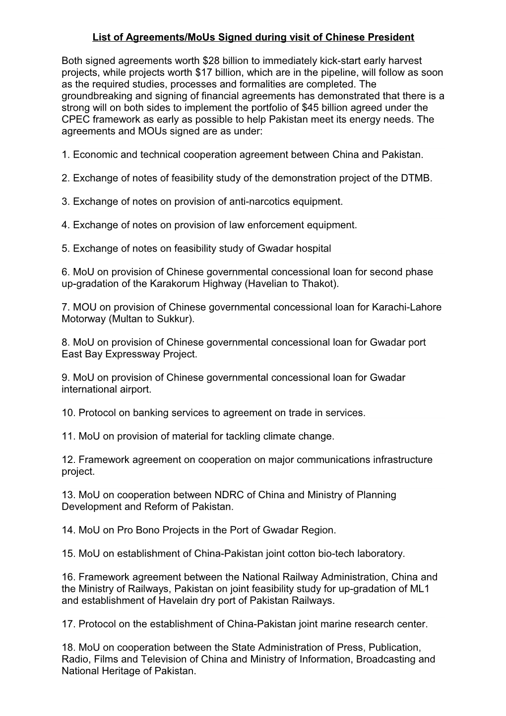 List of Agreements/Mous Signed During Visit of Chinese President