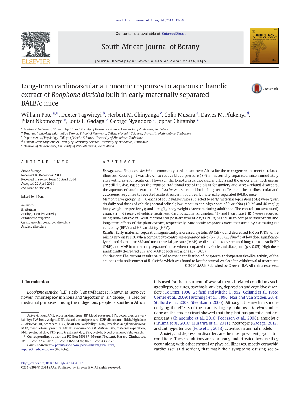 Long-Term Cardiovascular Autonomic Responses to Aqueous Ethanolic Extract of Boophone Disticha Bulb in Early Maternally Separated BALB/C Mice