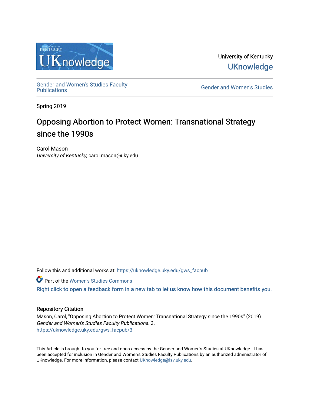 Opposing Abortion to Protect Women: Transnational Strategy Since the 1990S