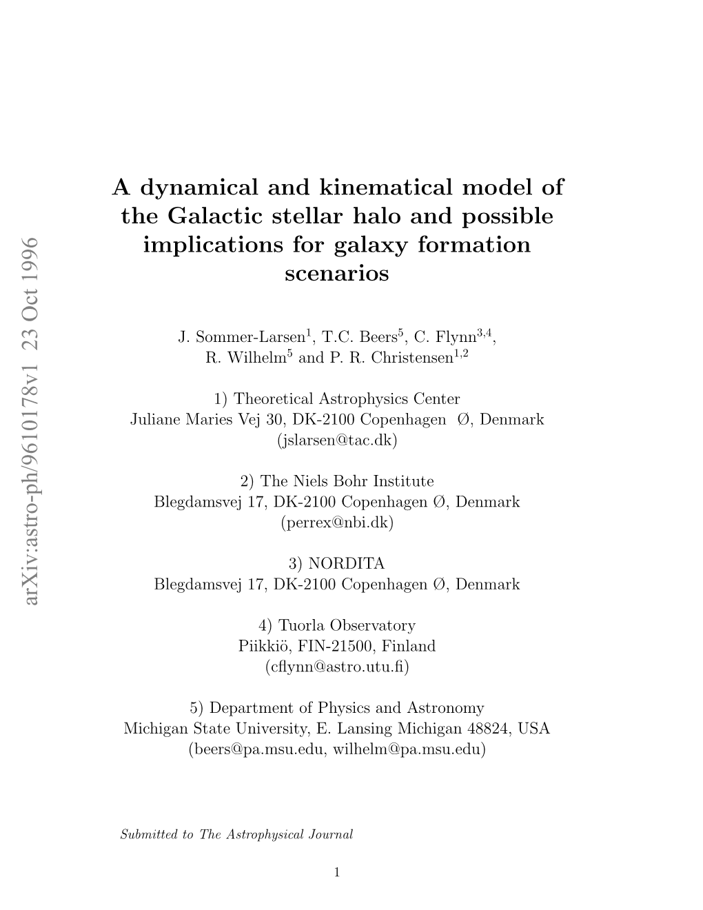 A Dynamical and Kinematical Model of the Galactic Stellar Halo and Possible Implications for Galaxy Formation Scenarios