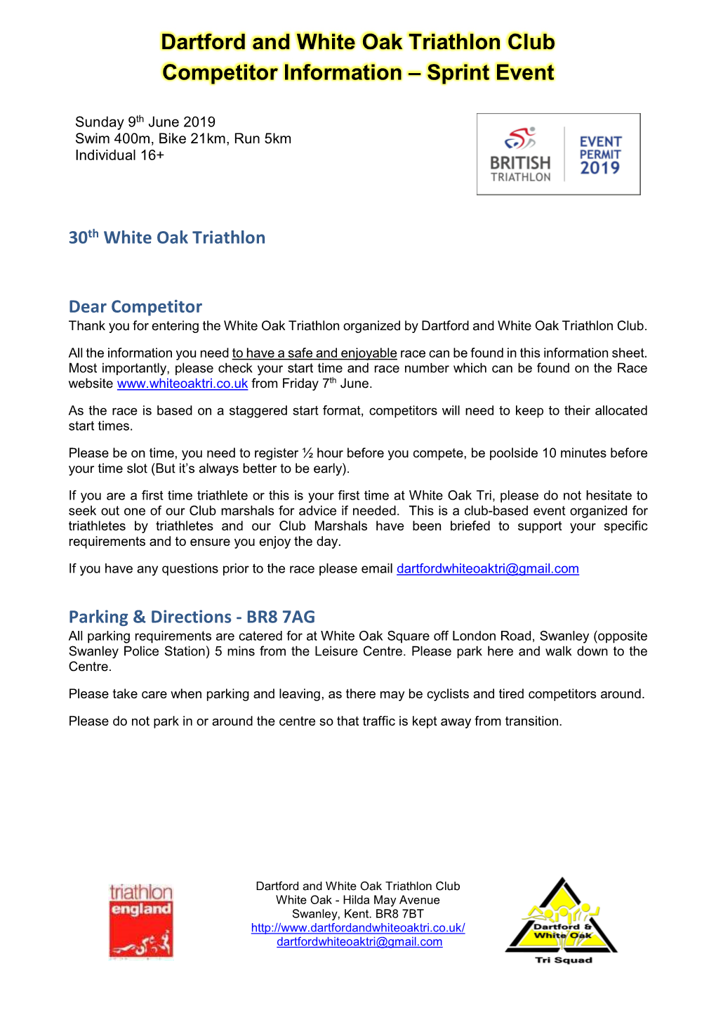 Dartford and White Oak Triathlon Club Competitor Information – Sprint Event