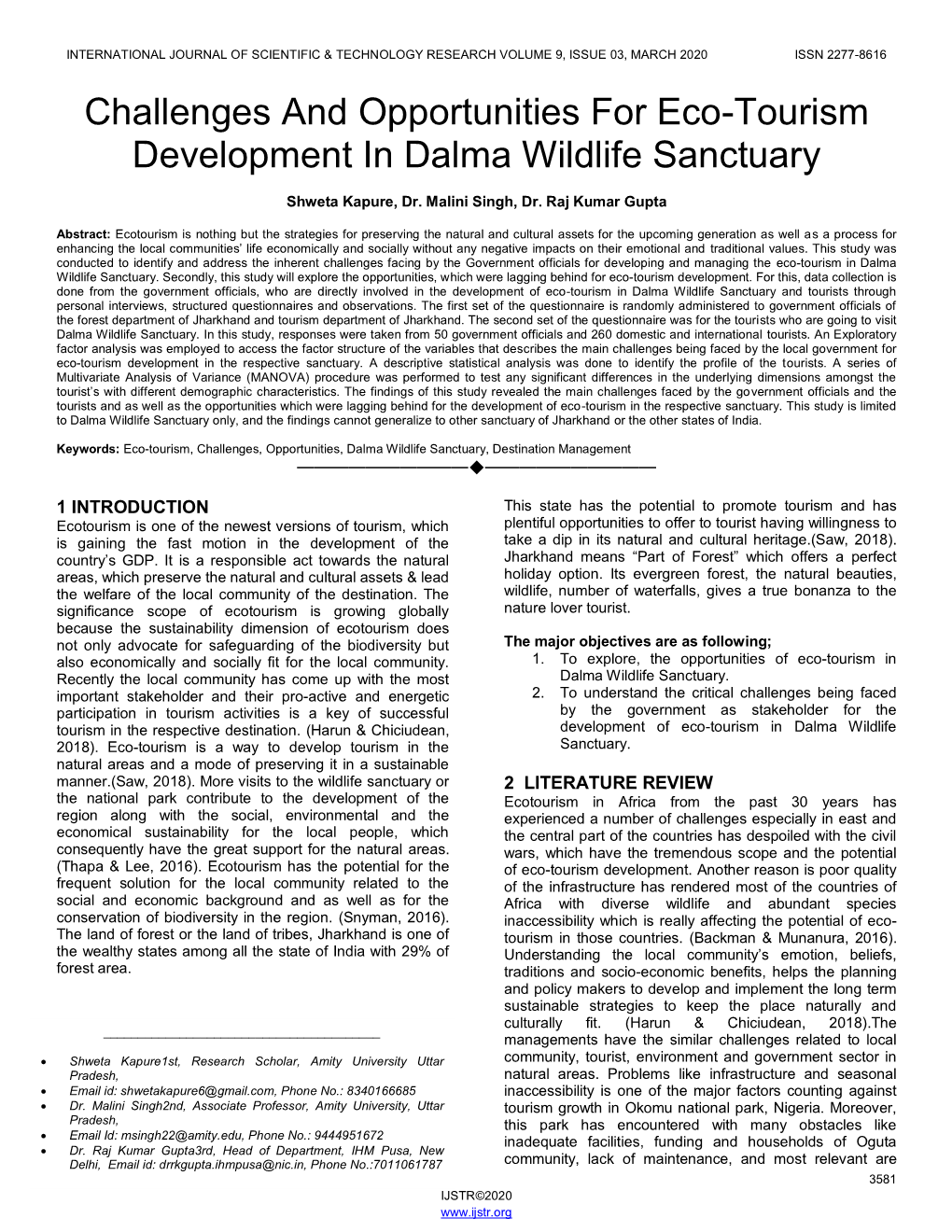 Challenges and Opportunities for Eco-Tourism Development in Dalma Wildlife Sanctuary