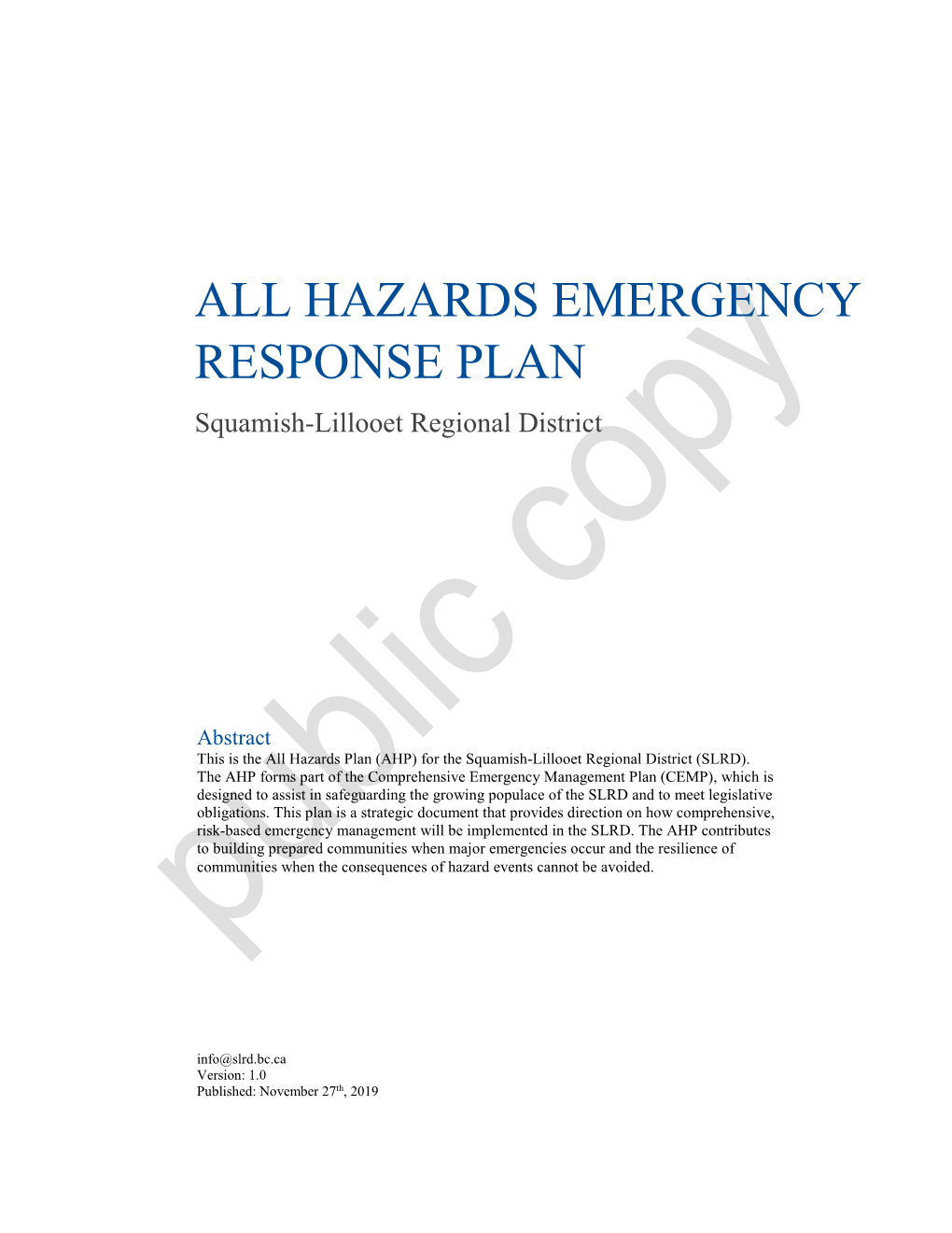 ALL HAZARDS EMERGENCY RESPONSE PLAN Squamish-Lillooet Regional District