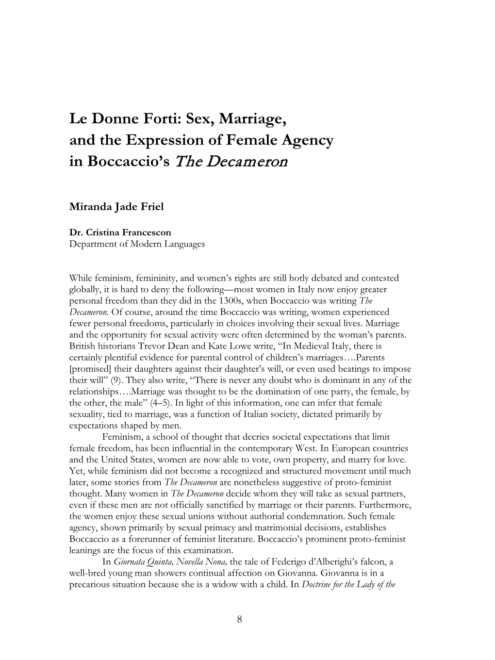 Sex, Marriage, and the Expression of Female Agency in Boccaccio's The