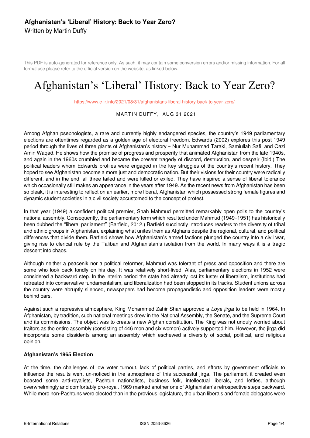 Afghanistan's 'Liberal' History: Back to Year Zero?