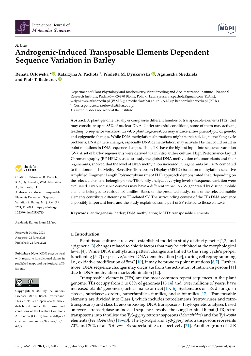 Androgenic-Induced Transposable Elements Dependent Sequence Variation in Barley