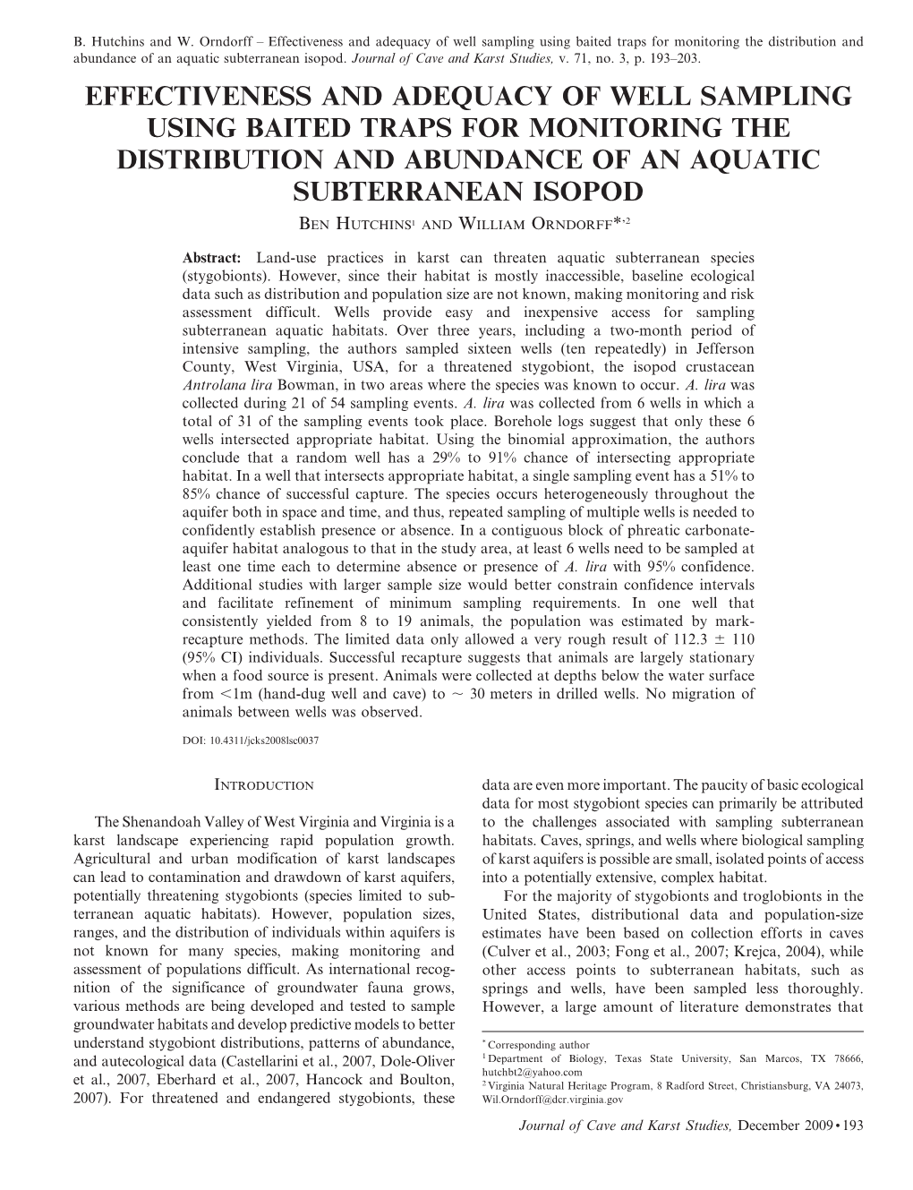 Effectiveness and Adequacy of Well Sampling Using Baited Traps for Monitoring the Distribution and Abundance of an Aquatic Subterranean Isopod