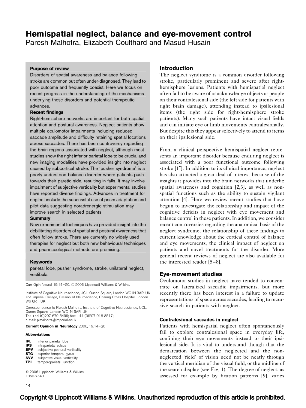 Hemispatial Neglect, Balance and Eye-Movement Control Paresh Malhotra, Elizabeth Coulthard and Masud Husain