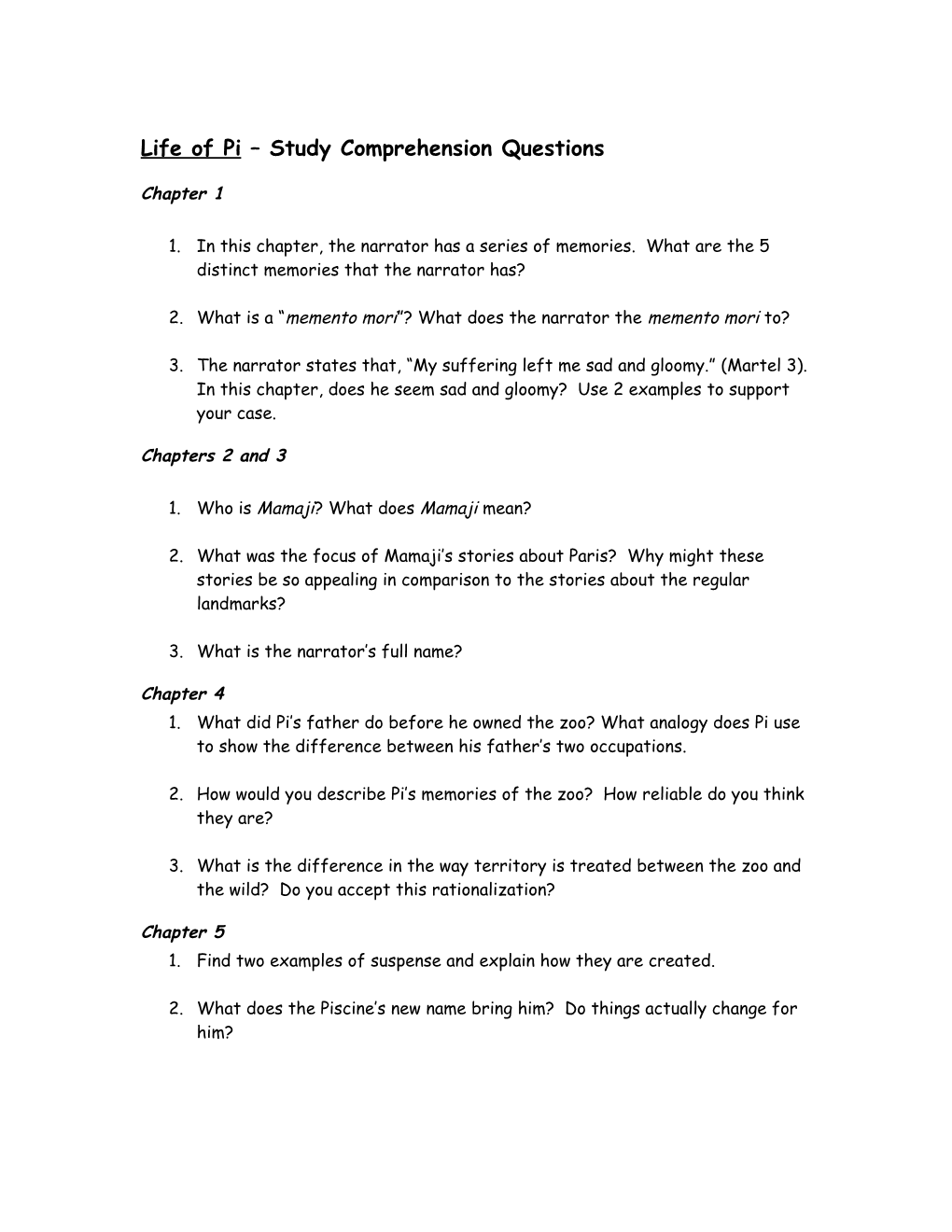 Life of Pi Study Comprehension Questions