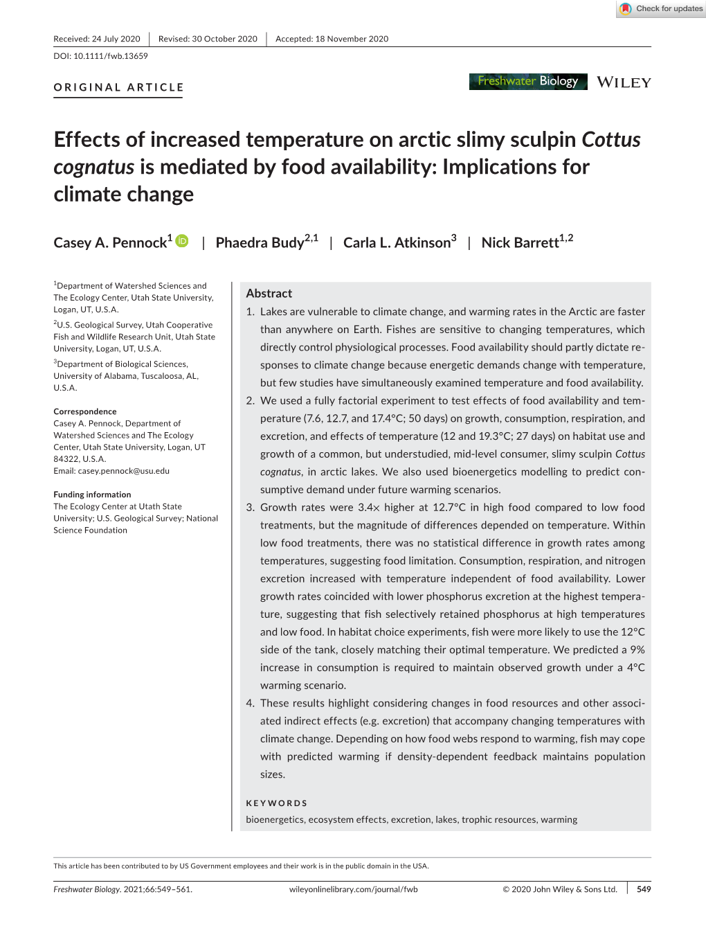 Effects of Increased Temperature on Arctic Slimy Sculpin Cottus Cognatus Is Mediated by Food Availability: Implications for Climate Change