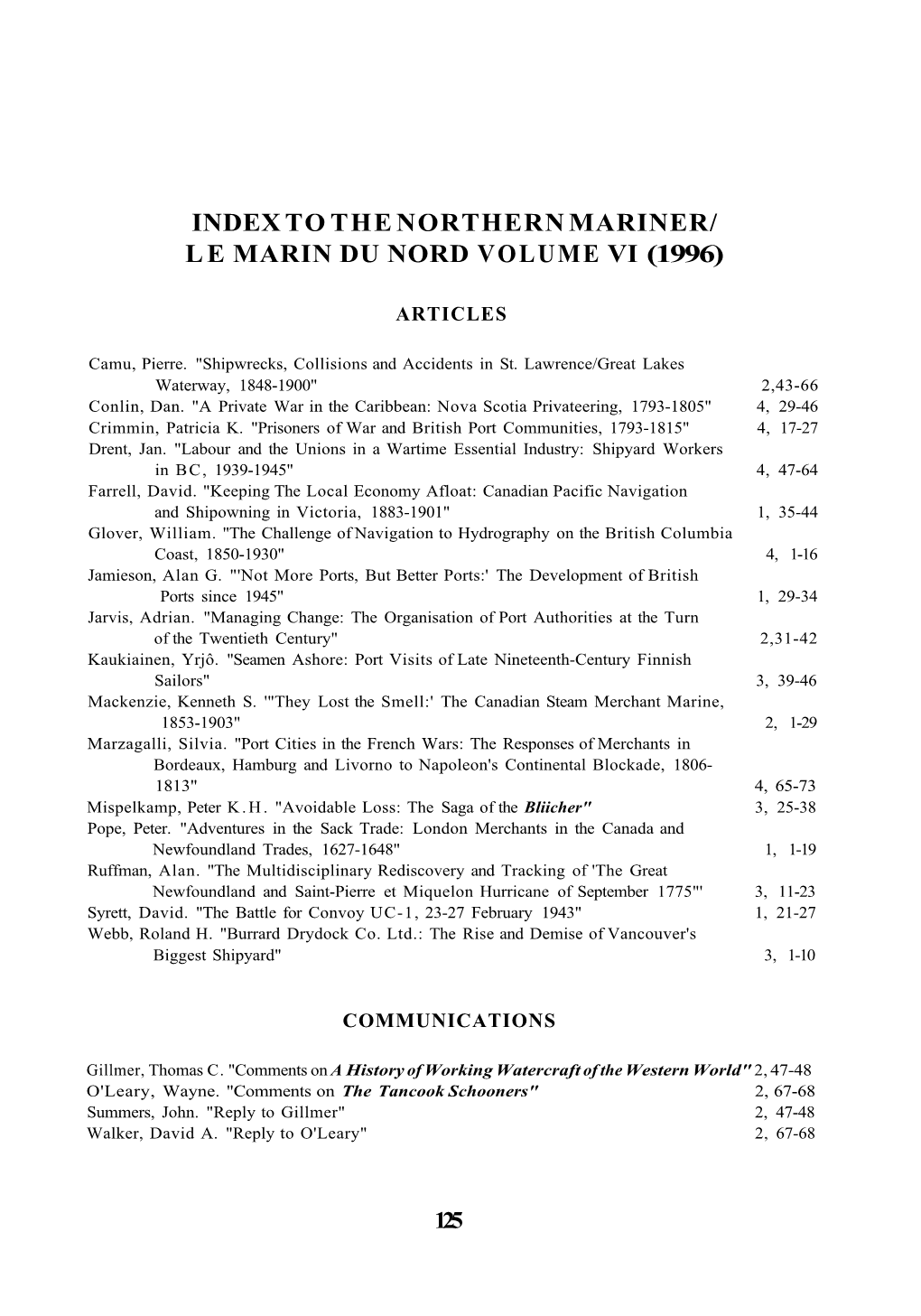 Index to the Northern Mariner/ Le Marin Du Nord Volume Vi (1996)