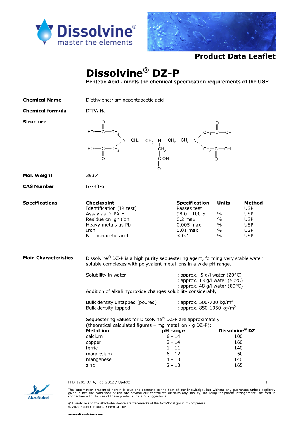 Dissolvine® DZ-P Pentetic Acid - Meets the Chemical Specification Requirements of the USP