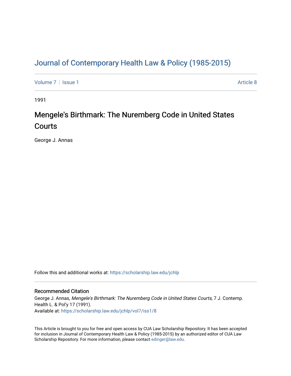 Mengele's Birthmark: the Nuremberg Code in United States Courts