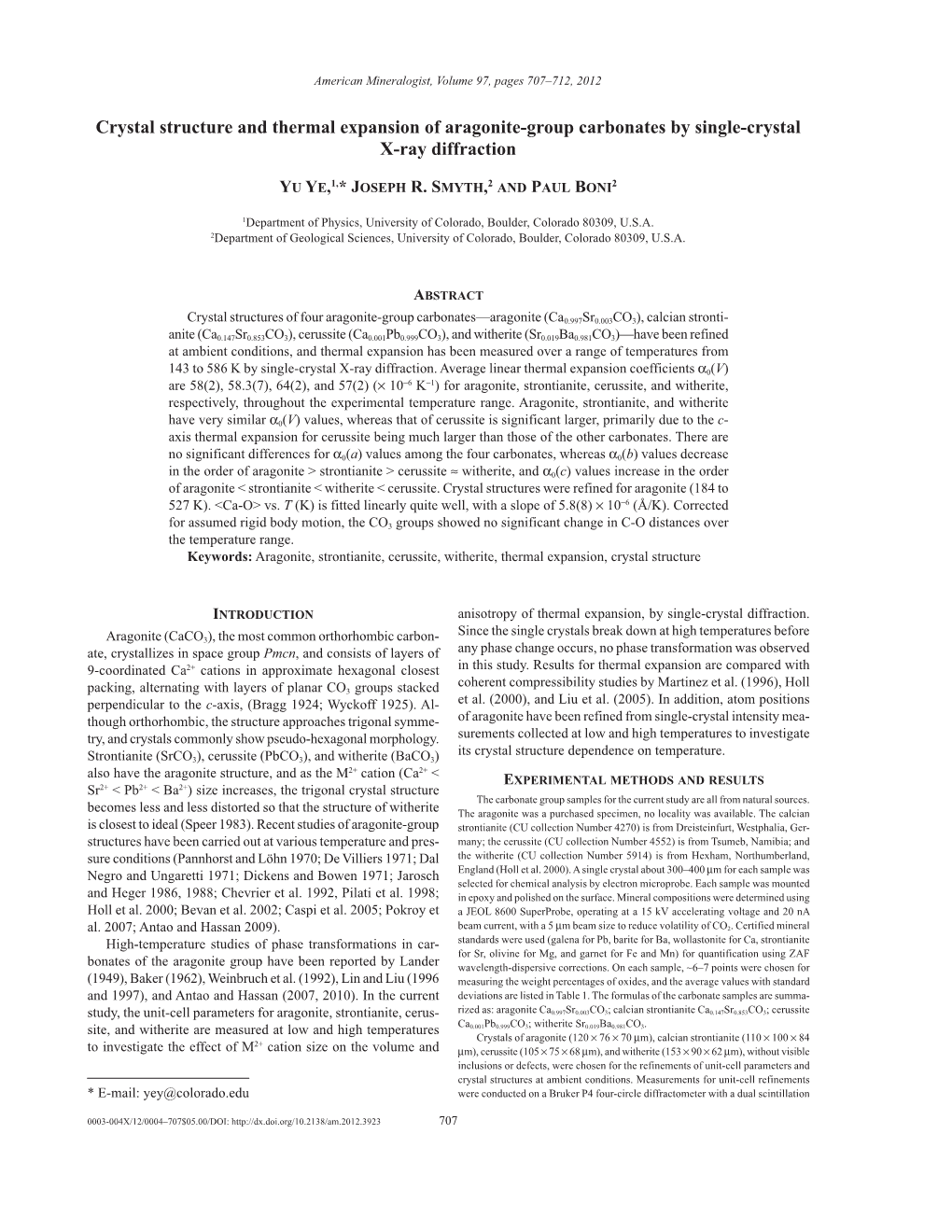 Crystal Structure and Thermal Expansion of Aragonite-Group Carbonates by Single-Crystal X-Ray Diffraction