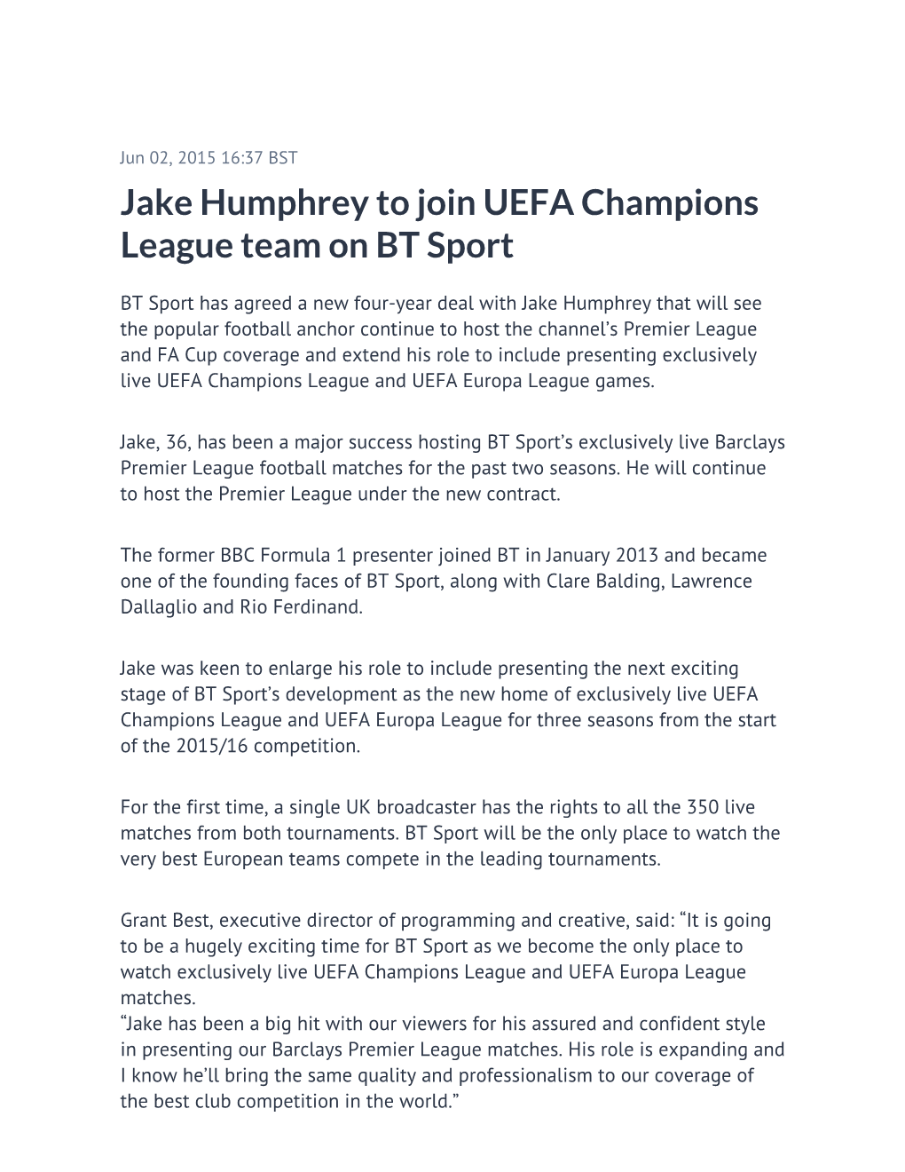 Jake Humphrey to Join UEFA Champions League Team on BT Sport