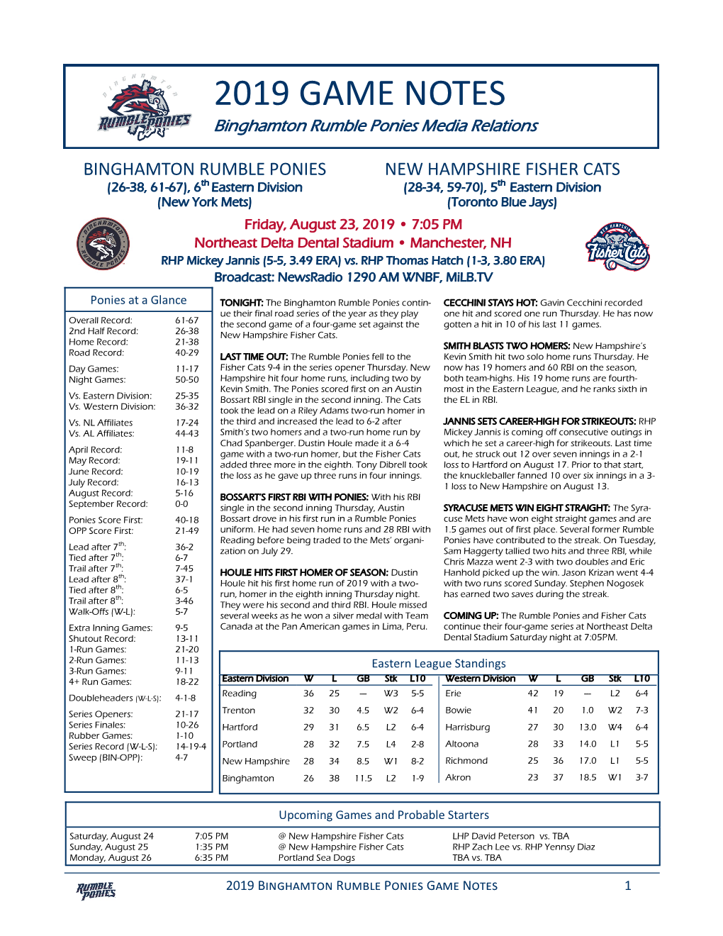 2019 GAME NOTES Binghamton Rumble Ponies Media Relations