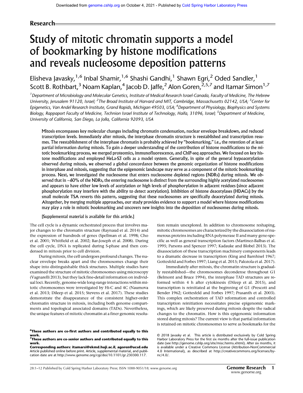 Study of Mitotic Chromatin Supports a Model of Bookmarking by Histone Modifications and Reveals Nucleosome Deposition Patterns