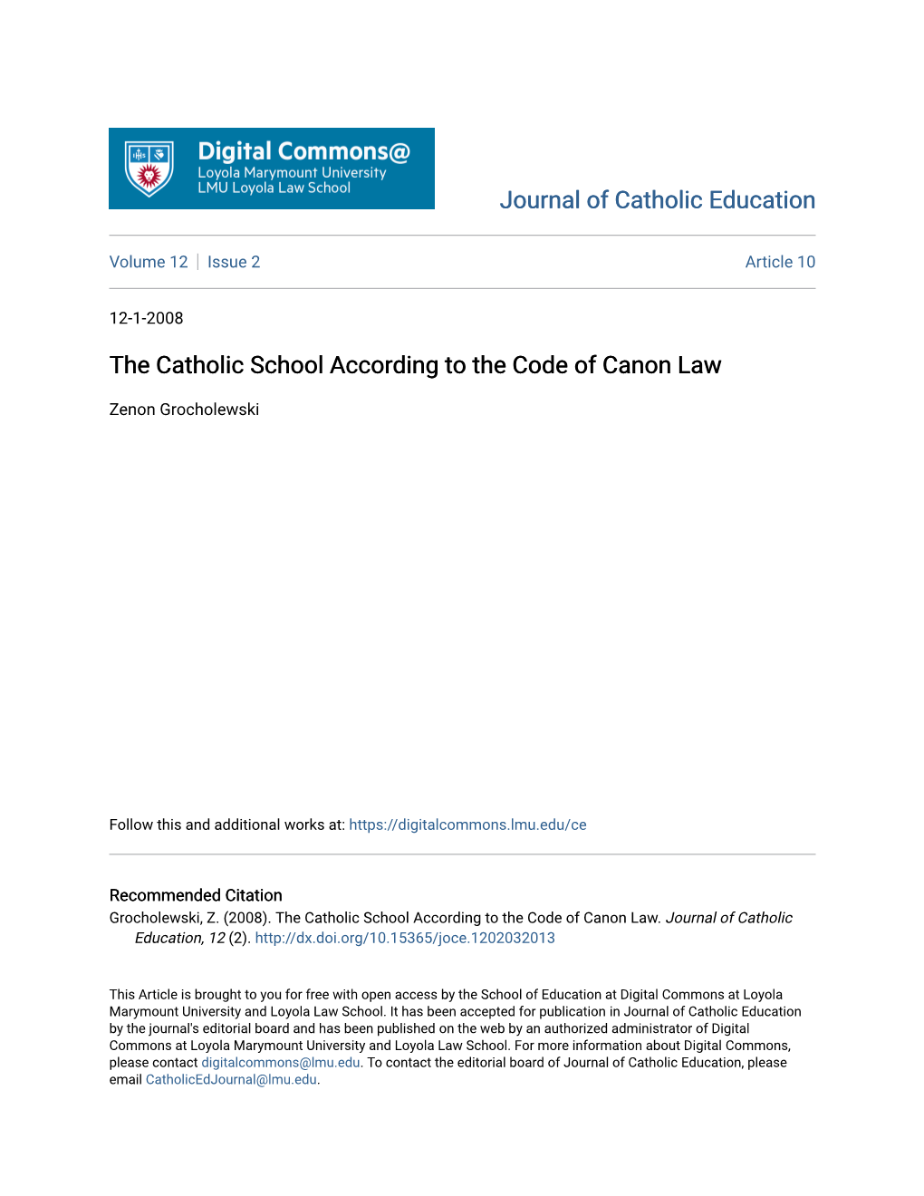 The Catholic School According to the Code of Canon Law