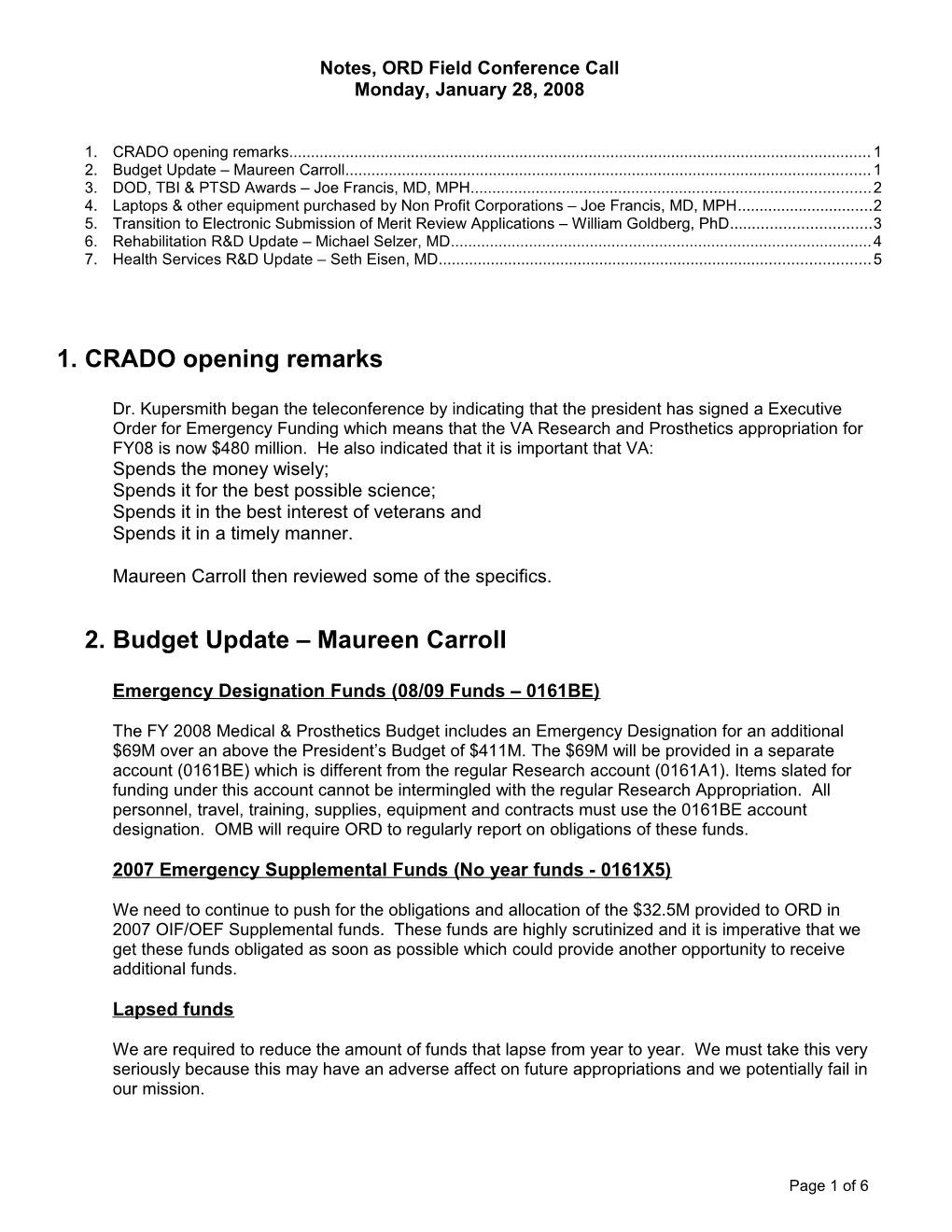 Notes, ORD Field Conference Call