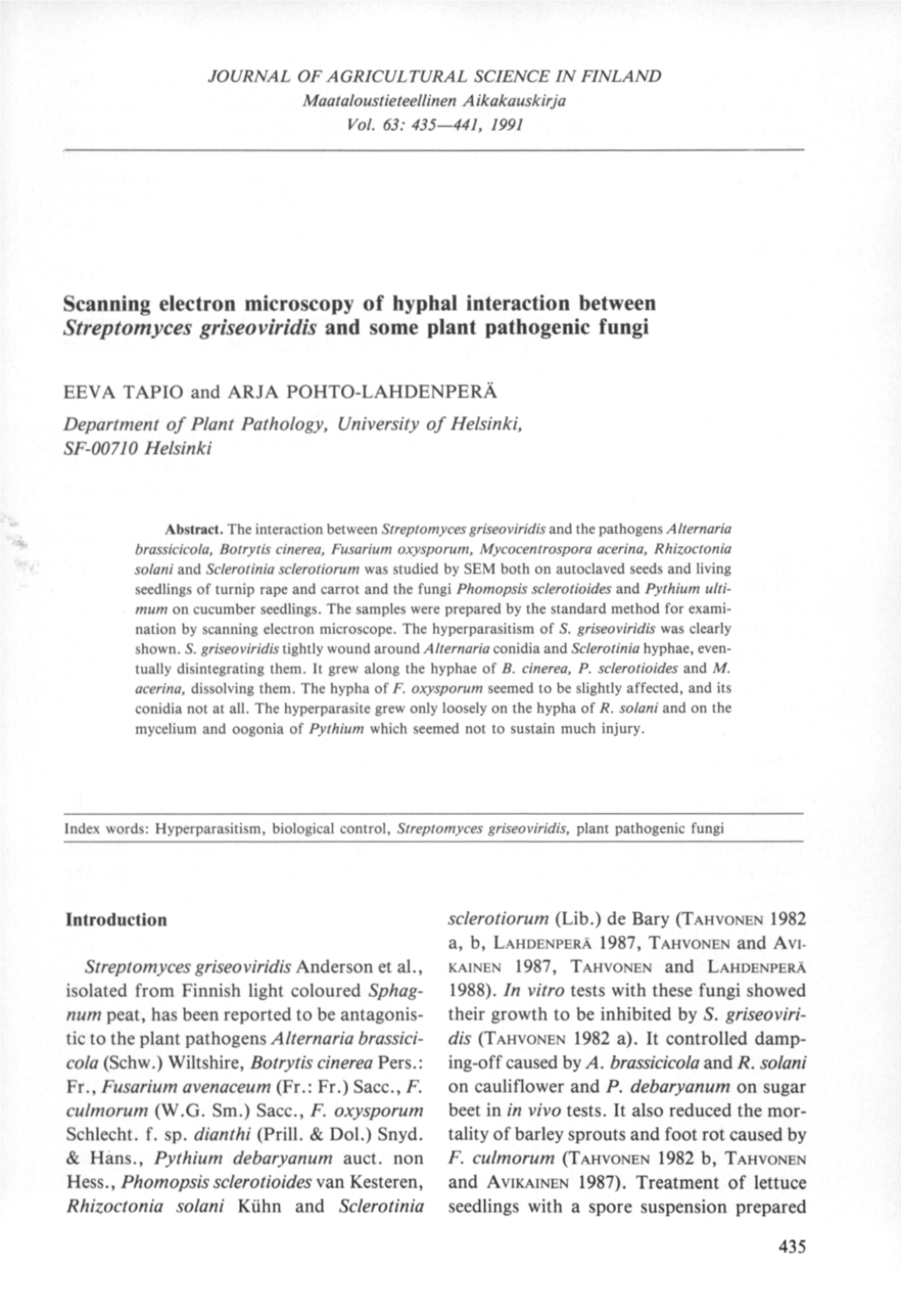 Interaction Between Streptomyces Griseoviridis and Some Plant Pathogenic Fungi