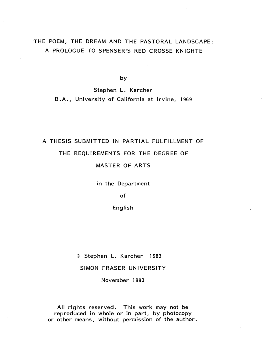 The Poem, the Dream and the Pastoral Landscape: a Prologue to Spenser's Red Crosse Knighte