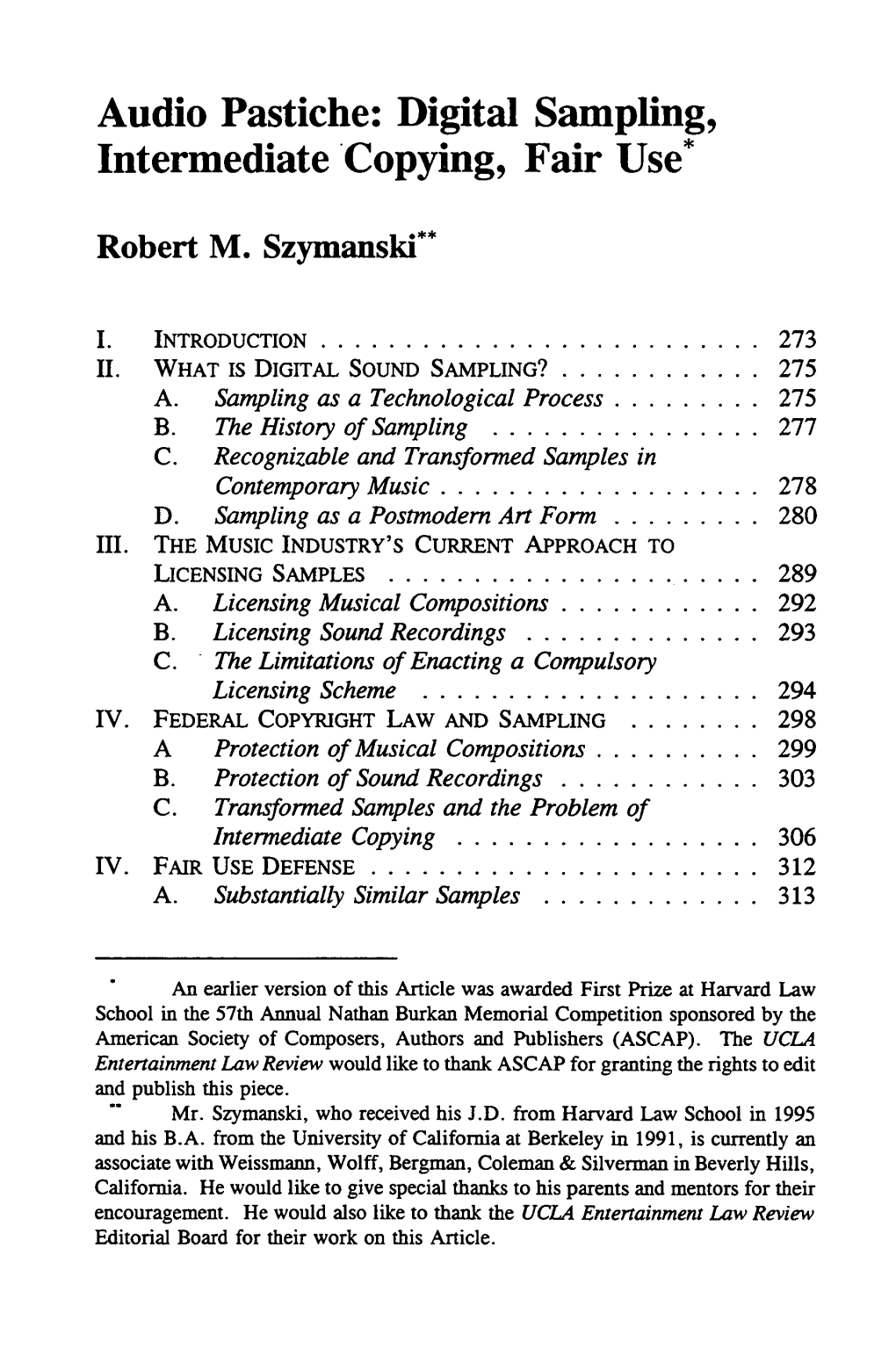 Digital Sampling, Intermediate Copying, Fair Use*