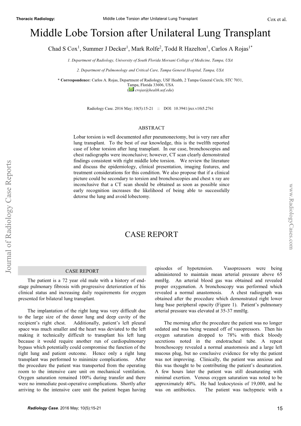 Middle Lobe Torsion After Unilateral Lung Transplant Cox Et Al