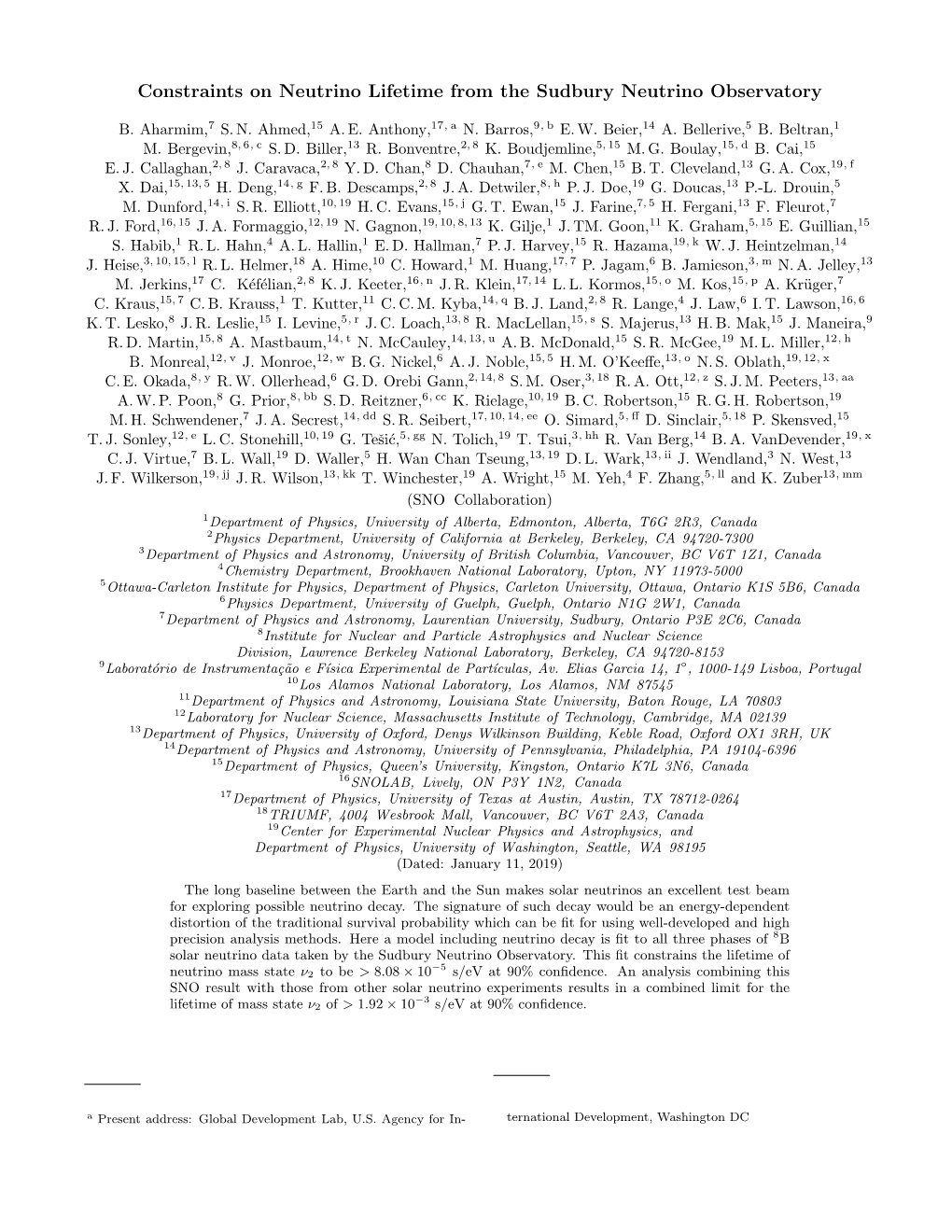 Constraints on Neutrino Lifetime from the Sudbury Neutrino Observatory