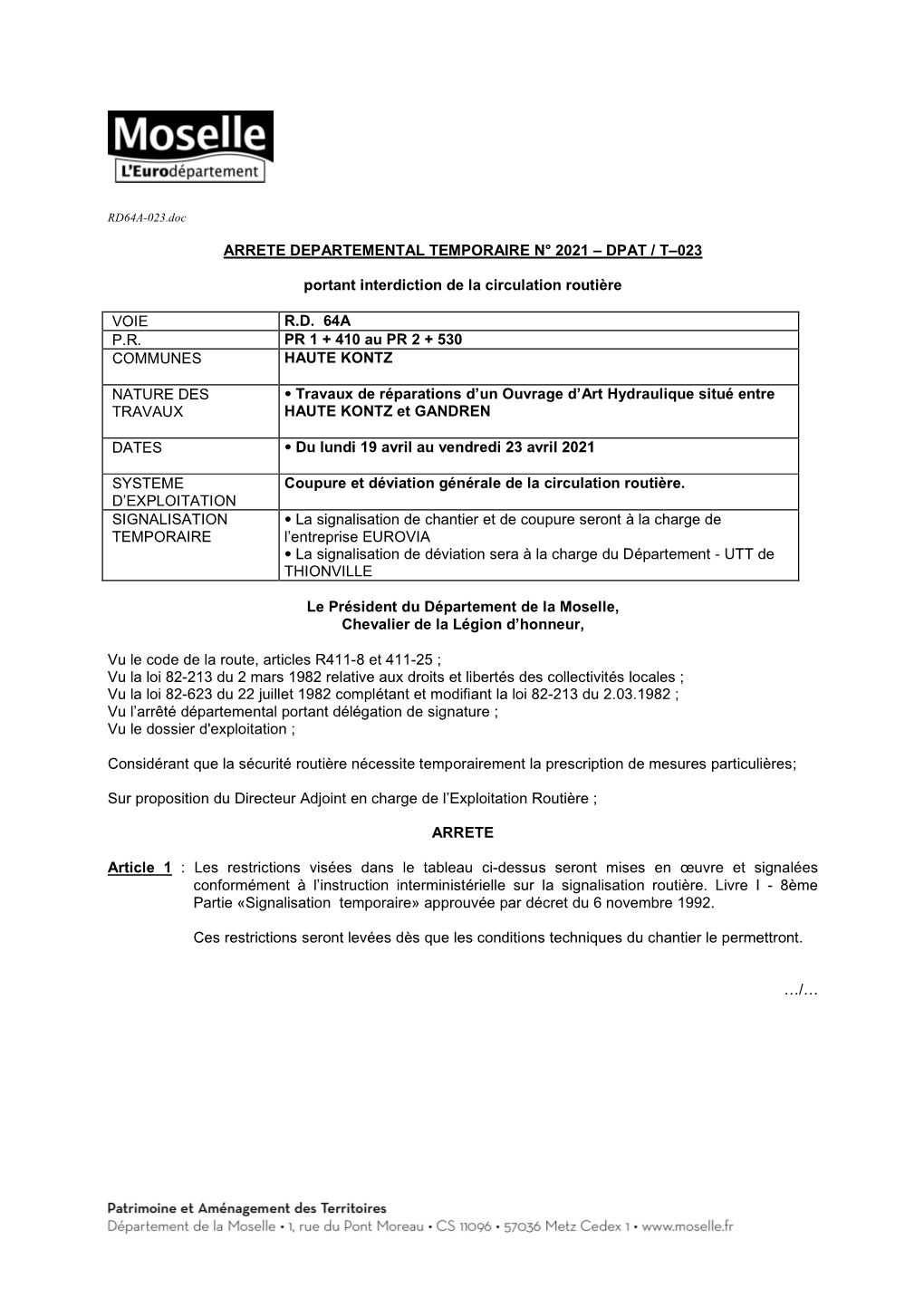 Arrete Departemental Temporaire N° 2021 – Dpat / T–023