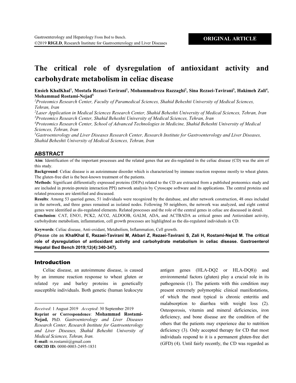 The Critical Role of Dysregulation of Antioxidant Activity and Carbohydrate Metabolism in Celiac Disease