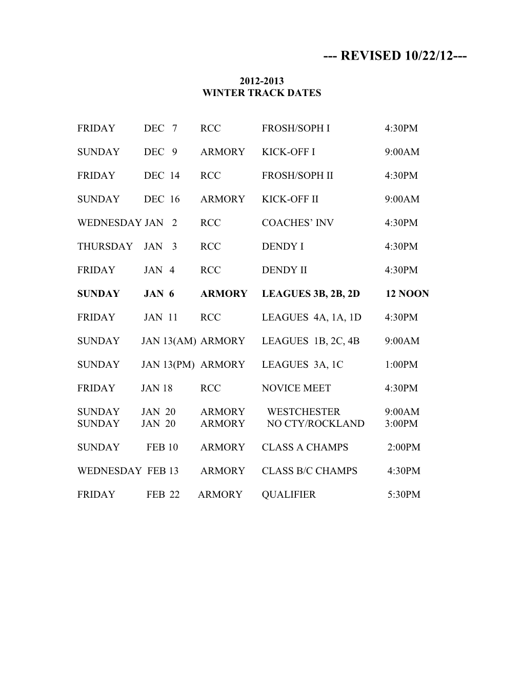 Winter Track Dates