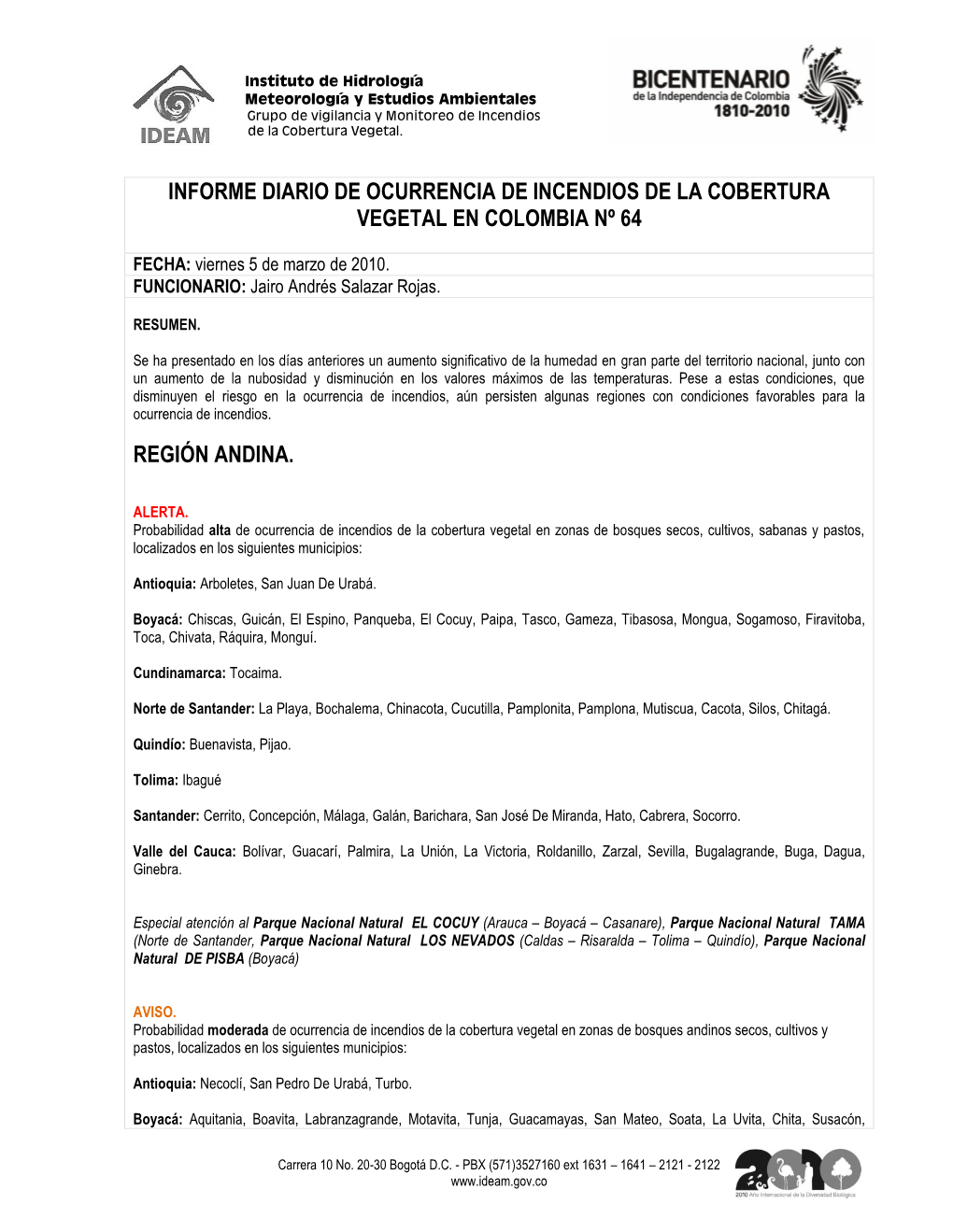 Informe Diario De Ocurrencia De Incendios De La Cobertura Vegetal En Colombia Nº 64