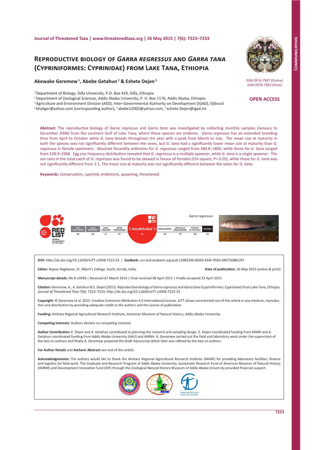 Reproductive Biology of Garra Regressus and Garra Tana