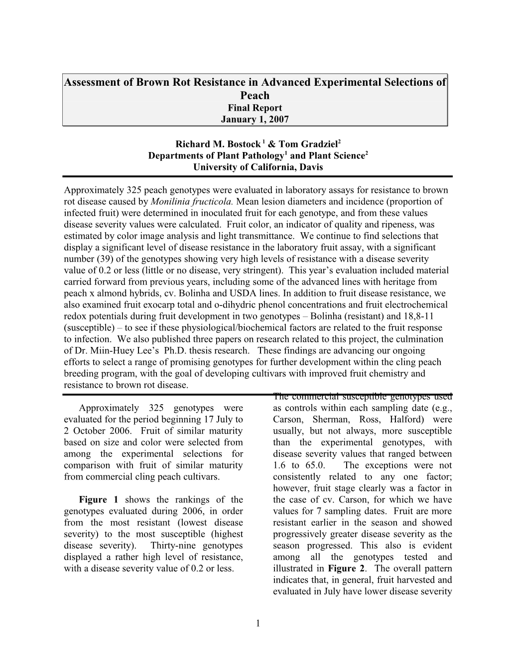 Assessment of Brown Rot Resistance in Advanced Experimental Selections of Peach